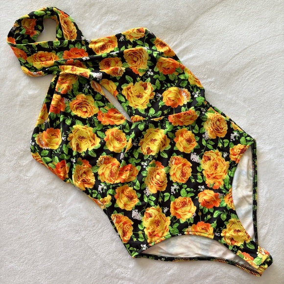 ZARA Black Floral Sleeveless Twist Halter Neck Bodysuit--M - Picture 8 of 16